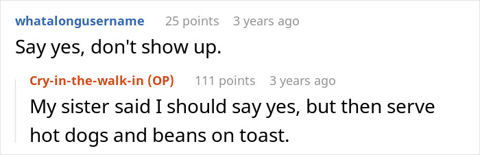 A Reddit thread where users offer advice about wedding food. One suggests hot dogs and beans, related to brother wedding money food.