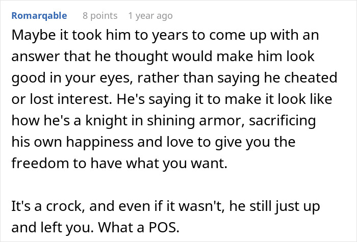 Discussion on excuses and sacrifice in long-term relationship breakup