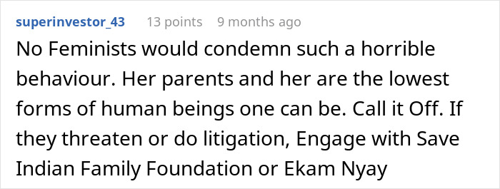A comment from superinvestor_43 on arranged marriage, discussing a wife's affair and horrible behavior.