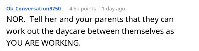 Reddit comment advising to work out daycare between parents while working Reddit comment advising to work out daycare between parents while working