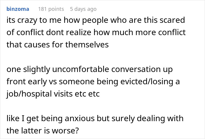 A Reddit post about conflict avoidance and the consequences, highlighting learning to defend herself as a key takeaway.