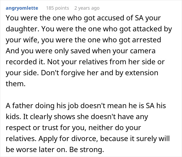 A comment suggesting divorce papers for a husband facing fake allegations from his postpartum wife.