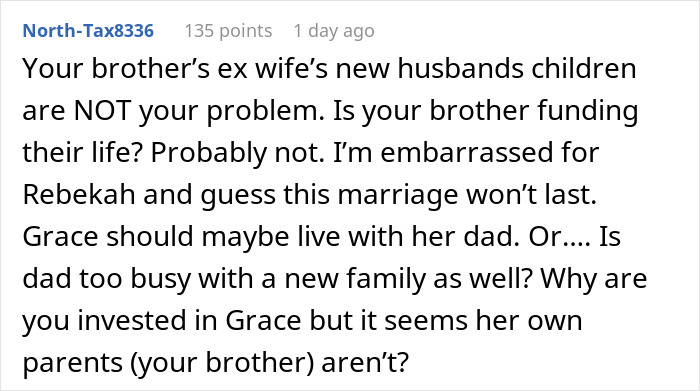 Screenshot of a Reddit comment criticizing parents who demand to spoil their step-siblings, jealous of a wealthy woman.