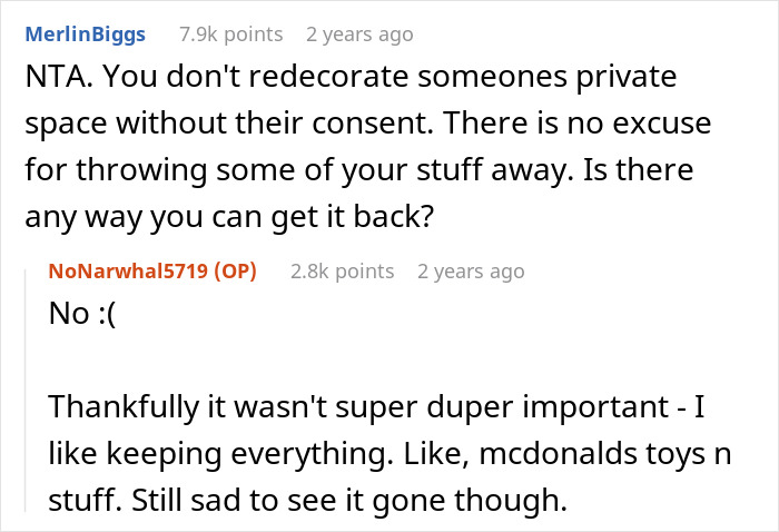 A Reddit comment expressing disapproval of a surprise room redecoration by a sister that led to a sibling's dismay.