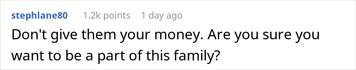 A Reddit comment advises, "Don't give them your money. Are you sure you want to be a part of this family?" related to SAHM harassment.