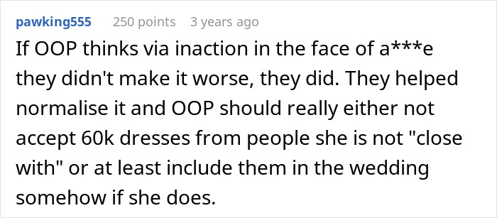 Reddit comment calling out inaction worsening $60K wedding situation