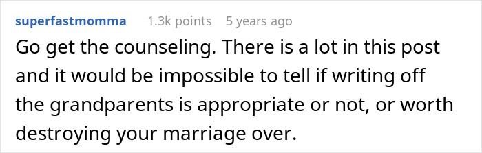A comment suggesting counseling for a couple after MIL baptized their child, leading to a dad's meltdown.