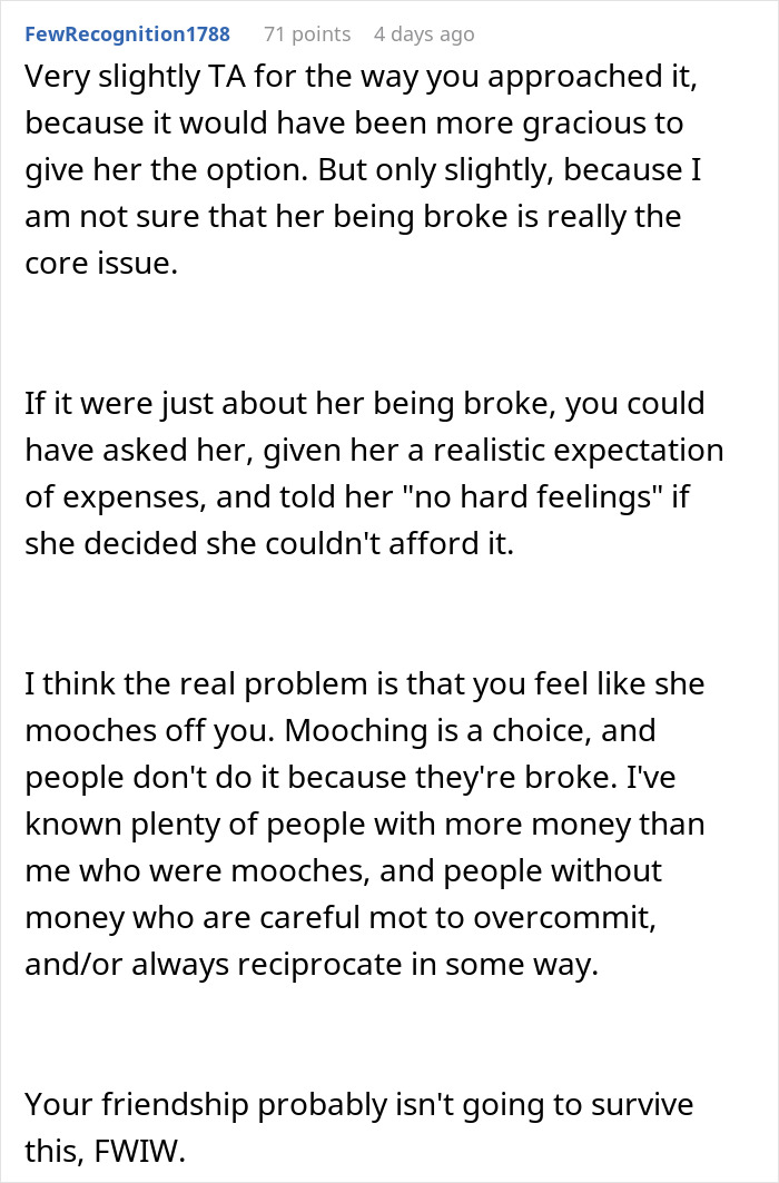 Comment addressing financial issues and friendship impact in bridesmaid context Comment addressing financial issues and friendship impact in bridesmaid context