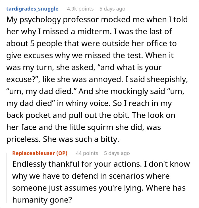 User shares story of professor mocking d***h excuse for missing exam
