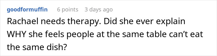 Comment suggesting therapy for woman upset by shared restaurant dish orders