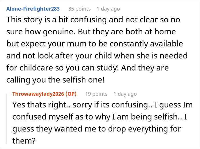 Story confusion with sister expecting mom's constant availability for childcare Story confusion with sister expecting mom's constant availability for childcare