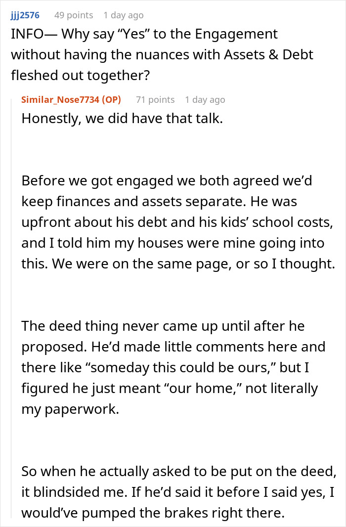 Reddit conversation about engagement nuances with assets and debt disclosure
