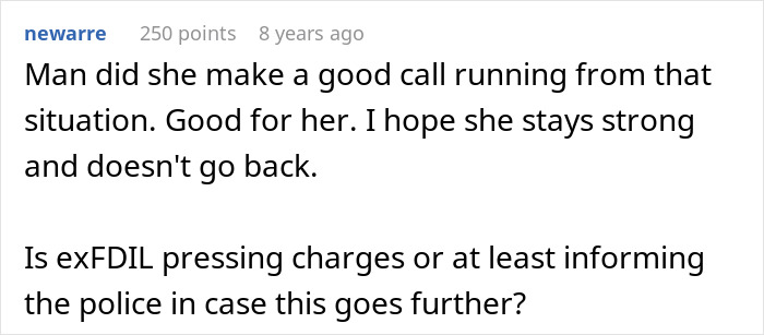 Comment praising woman for fleeing situation and asking about charges involving cake obsession Comment praising woman for fleeing situation and asking about charges involving cake obsession