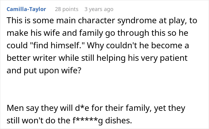 A user comment on Reddit about a man leaving his wife and kids to find himself and regretting it.