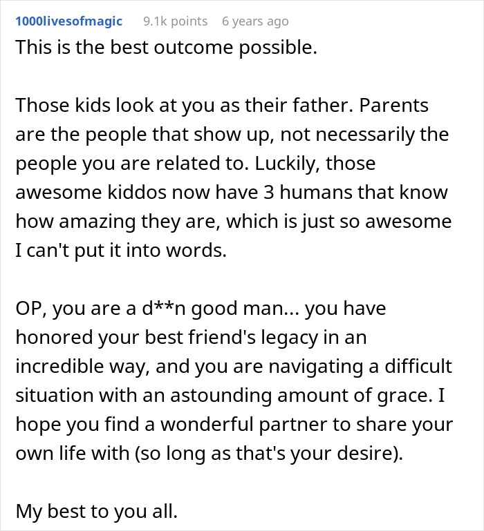 Comments praising a man helping a friend&rsquo;s children as a good parent figure