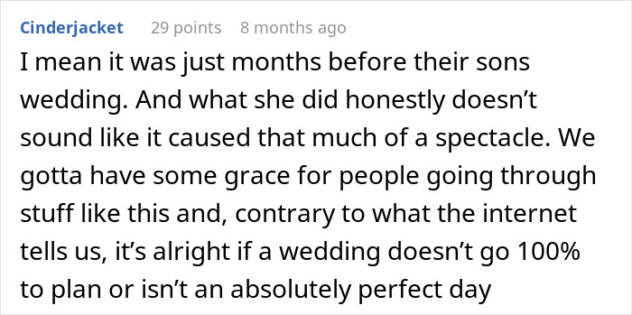 Comment about grace for grief and imperfect weddings near son's wedding