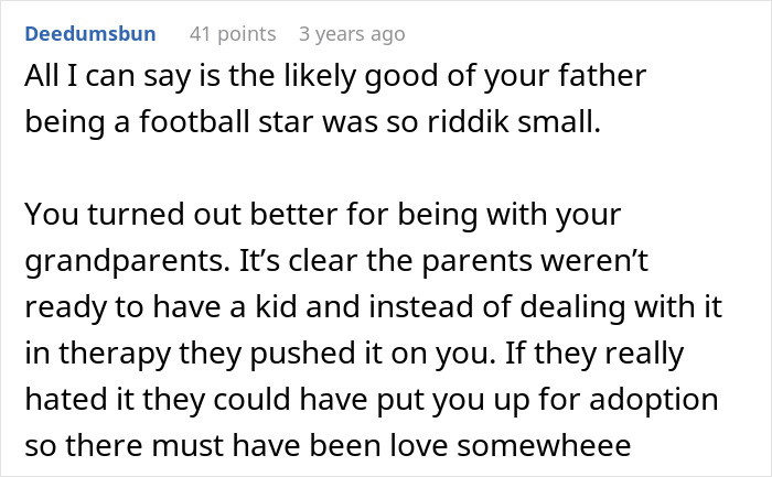 Comment on parents not ready for child and positive grandparents' role in toxic parents story