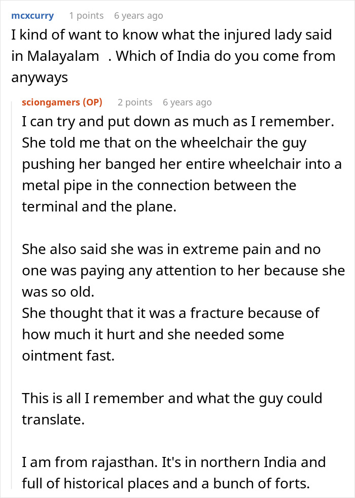 A Reddit thread discussing a Karen Shames Guy incident involving a woman on a wheelchair hitting a pipe, causing injury and pain.