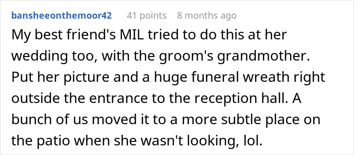 Comment about wedding MIL's funeral wreath and discreet relocation