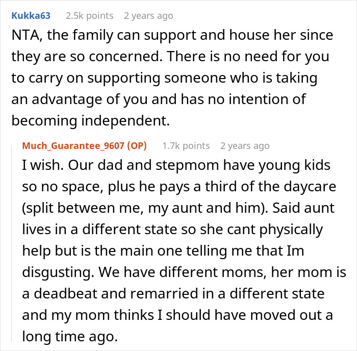 Reddit comment about family support and independence