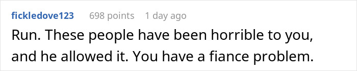 A comment from fickledove123, telling the SAHM to run because her fianc&eacute;'s family harassed her for his debts.
