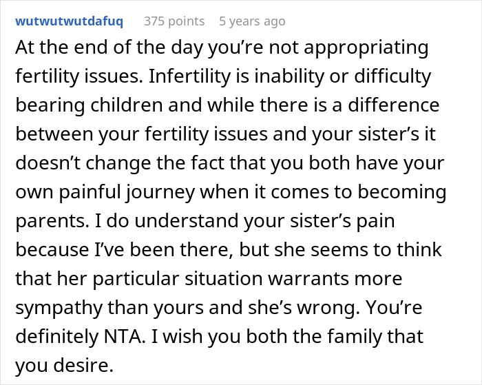 Comment explaining infertility and fertility issues and supporting adoption decision Comment explaining infertility and fertility issues and supporting adoption decision