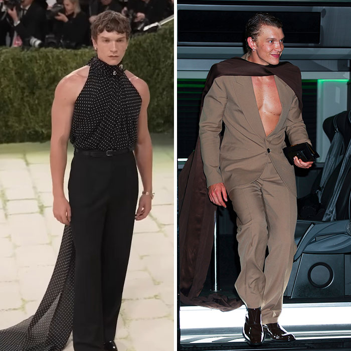 A fashion transformation: a star in a black polka dot halter top, then in a tan suit with a brown cape at a Met Gala afterparty.