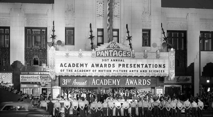 Black and white photo of the 31st annual Academy Awards presentation at the Pantages Theatre Black and white photo of the 31st annual Academy Awards presentation at the Pantages Theatre