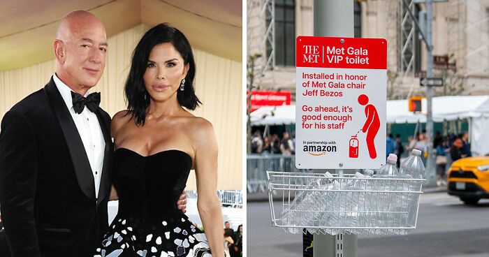Hilarious Sign Mocking Jeff Bezos Outside Met Gala Hailed As “Iconic”