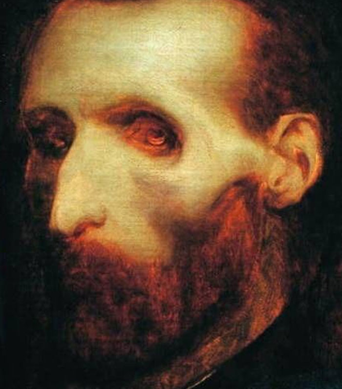Dark unsettling portrait painting of a gaunt man with hollow eyes and a beard