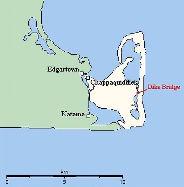 Map showing Chappaquiddick Island and Dike Bridge location in dark rabbit holes