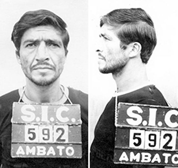 Old black and white serial killer mugshot with front and side views