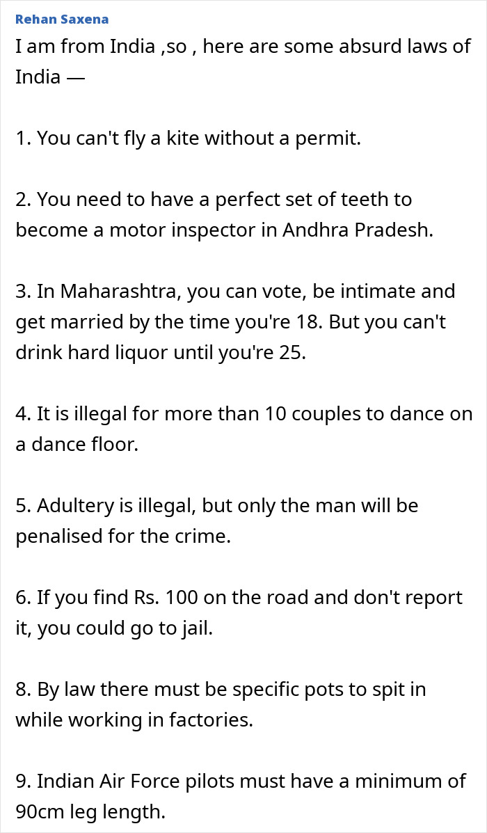 Absurd laws in India include kite flying permits, perfect teeth for inspectors, voting ages, dancing limits, and adultery penalties.