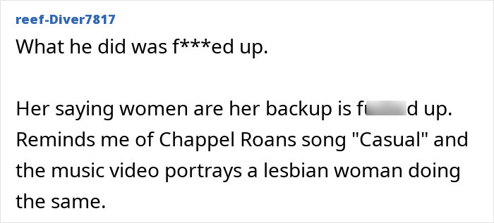 A screenshot of a Reddit comment by user reef-Diver7817, discussing cheating married dad lover and a Chappell Roan song.