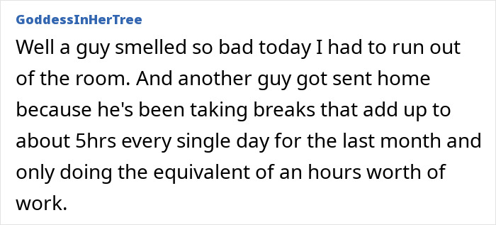 Office drama involving bad smell and excessive breaks at work