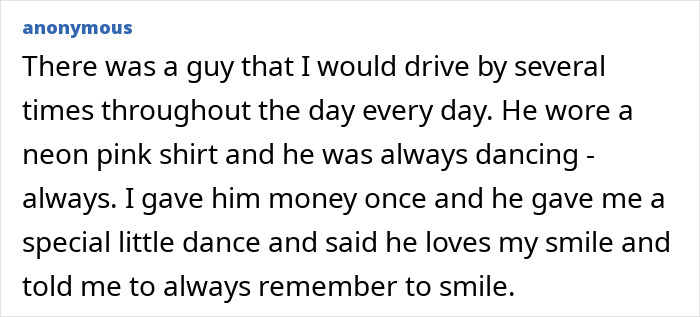 Homeless man dancing in neon pink shirt spreading kindness and smiles