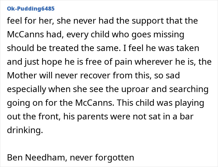 Comment expressing sympathy and equality in missing child cases