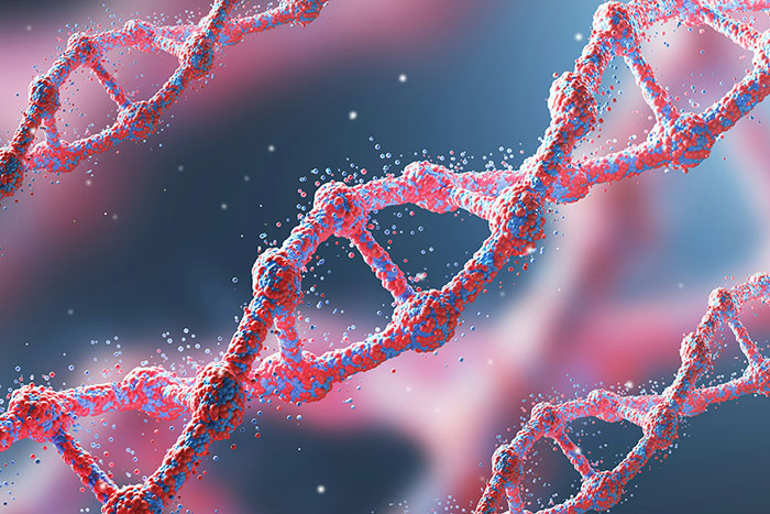 DNA double helix in red and blue, with tiny particles around it, representing biological aging. DNA double helix in red and blue, with tiny particles around it, representing biological aging.