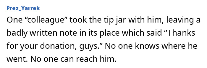 Office drama story about a colleague taking the tip jar and leaving a note