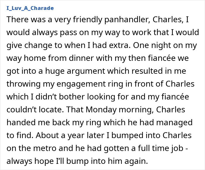 Friendly panhandler finds and returns engagement ring, proving kindness and love