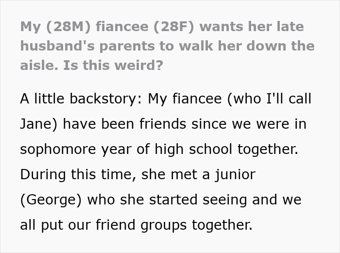 Text discussing fianc&eacute;e wanting late husband's parents to walk her down aisle
