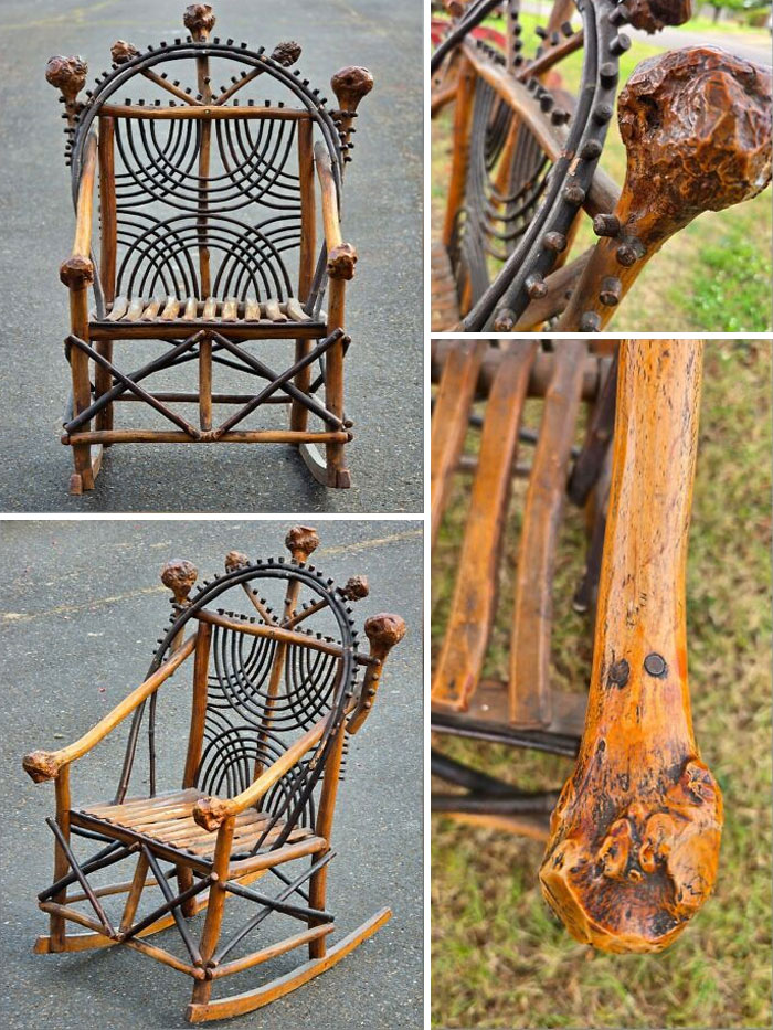 Early American historic pieces: a rustic rocking chair made from branches and dark wicker with decorative knobs.
