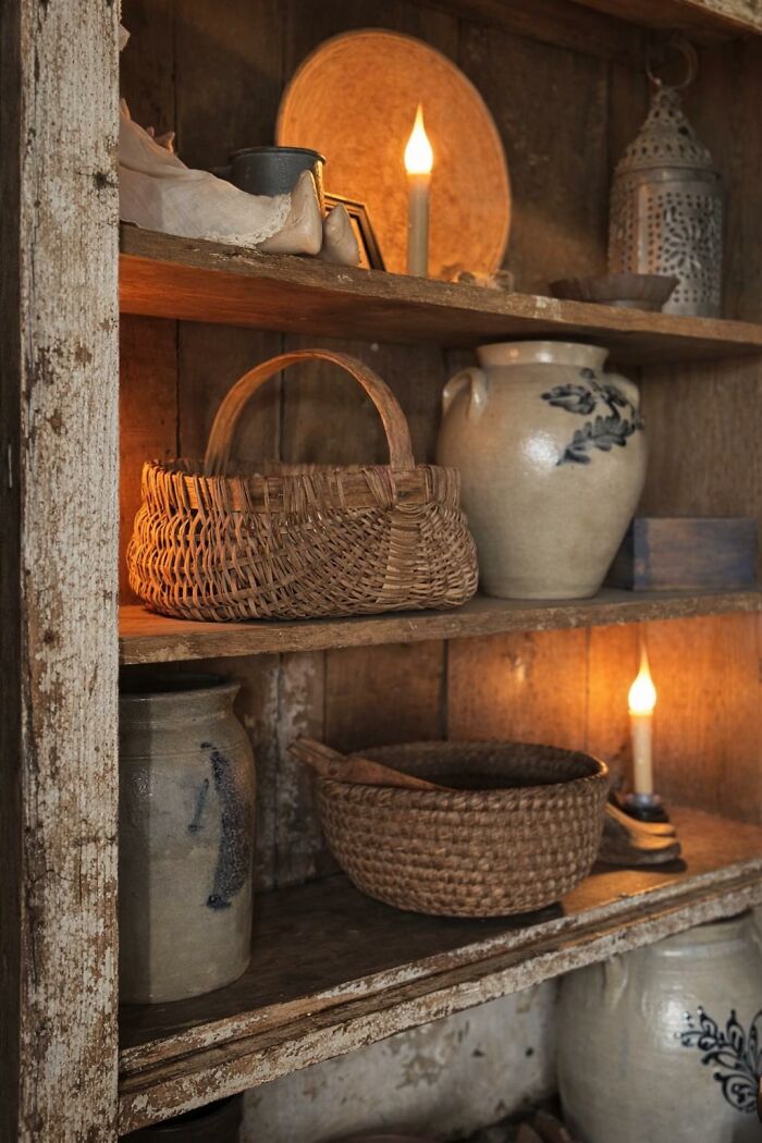 Rustic wooden shelves displaying Early America historic pieces: pottery, baskets, and candles.