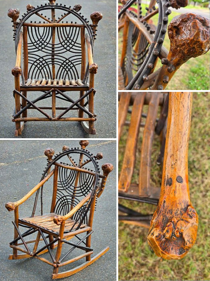 Early American historic pieces: a rustic rocking chair made from branches and dark wicker with decorative knobs.