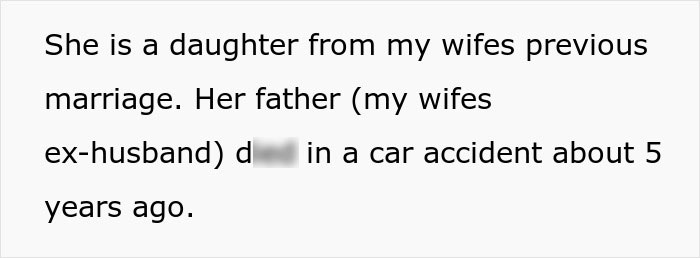 Text describing stepdaughter's background and father's d***h
