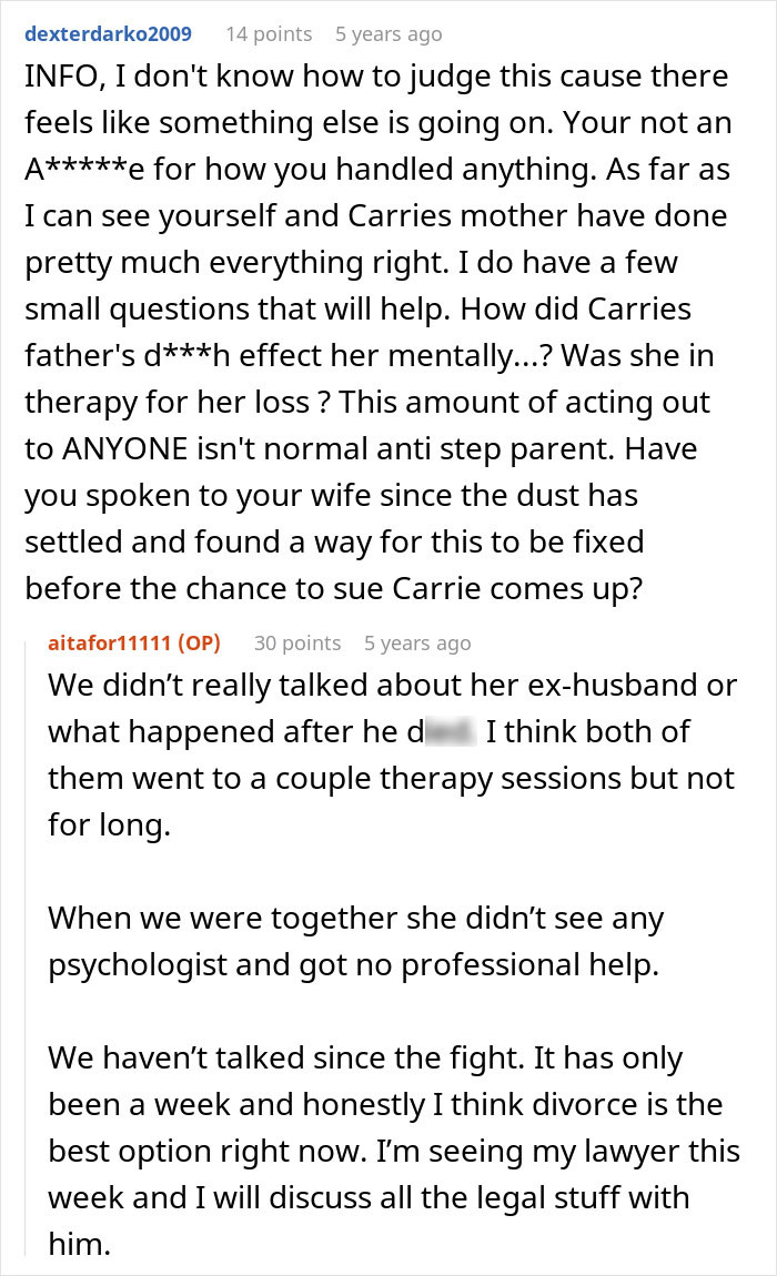 Online comment criticizing lack of professional help for troubled stepdaughter