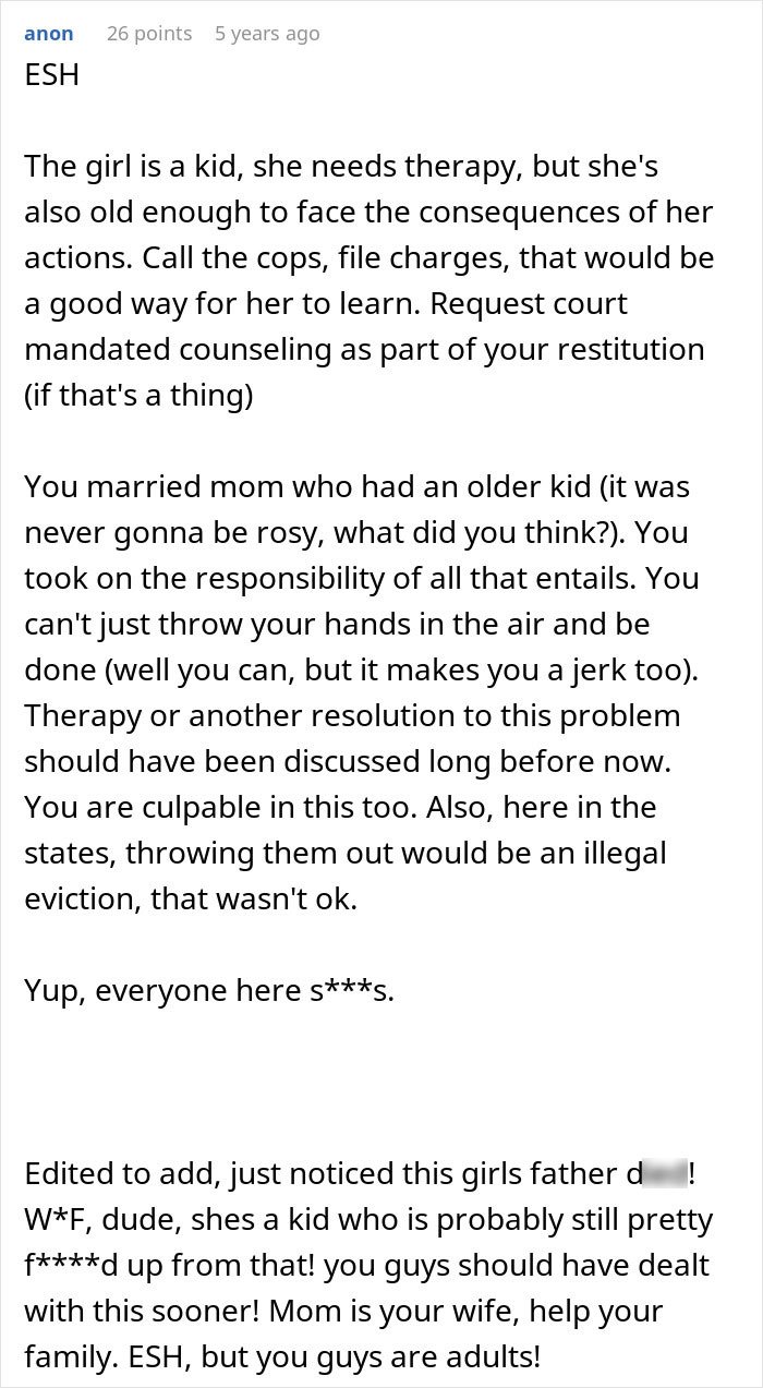 Advice on therapy and legal consequences for stepdaughter who damaged car