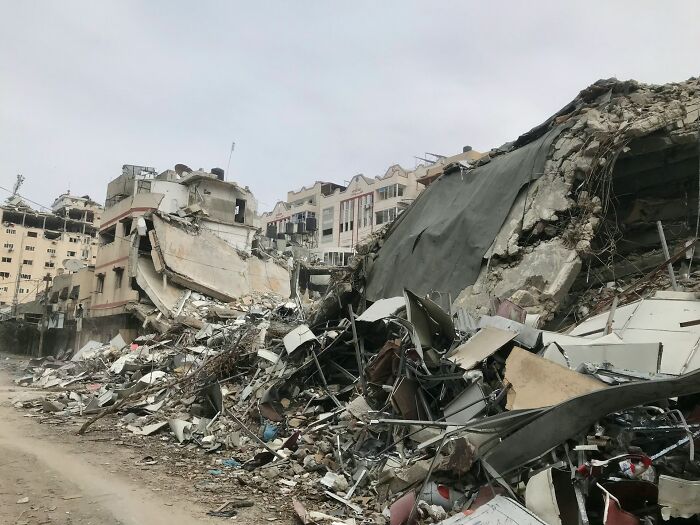 Damaged buildings and rubble showing shocking facts destruction