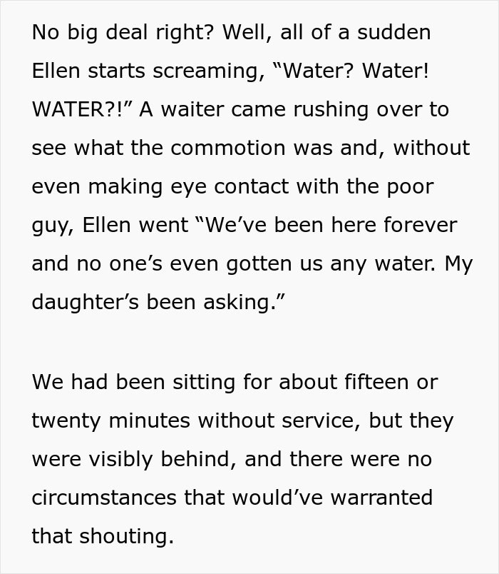Text describing a dinner fiasco about waiting for water at a restaurant Text describing a dinner fiasco about waiting for water at a restaurant