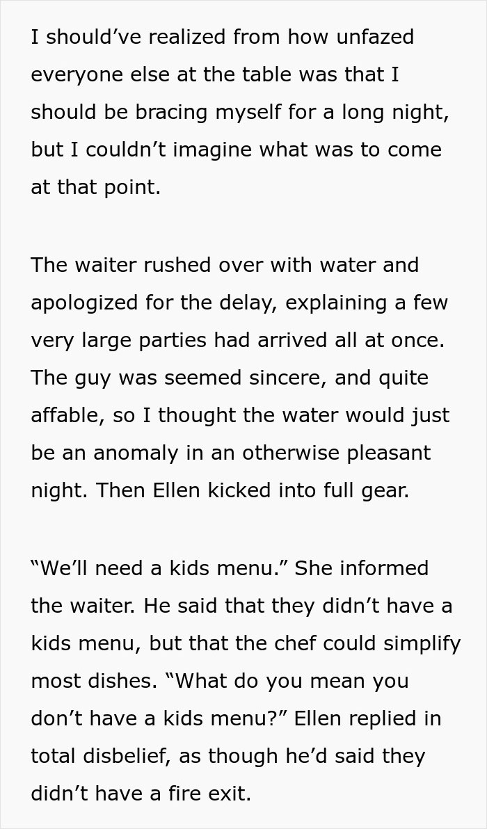 Text about a restaurant waiter apologizing for delay and kids menu request Text about a restaurant waiter apologizing for delay and kids menu request